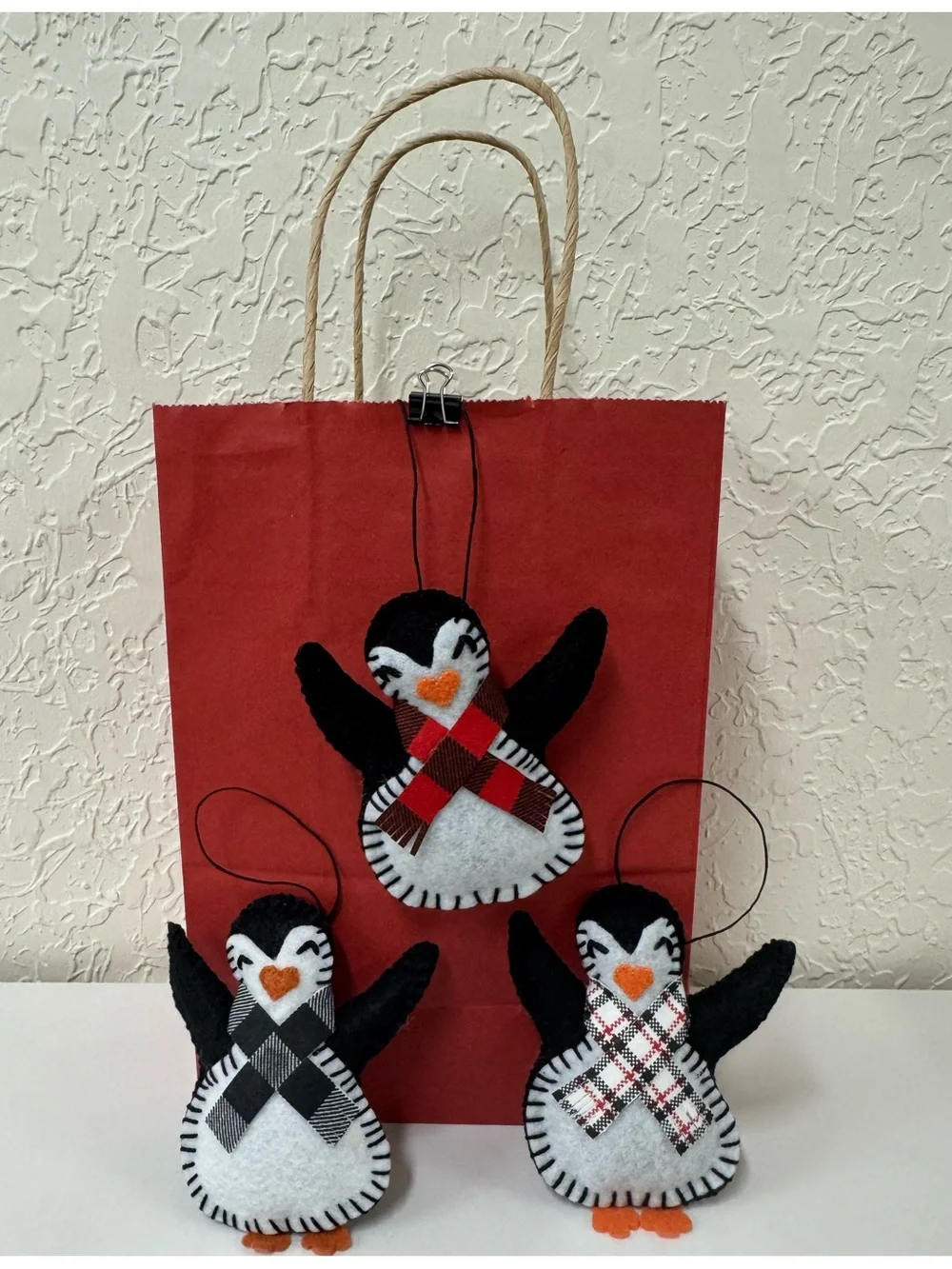 Christmas Ornaments Penguin Handmade felt black white red use as gift bag decor